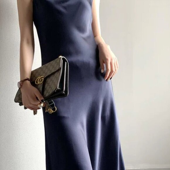 100% Silk Dress with Asymmetrical Cowl Neck in Navy - Picture 1 of 7